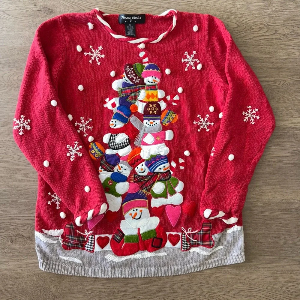 Vintage Theme Works by Kikit Ugly Christmas Snowman Pom Pom Sweater Women’s Sz S